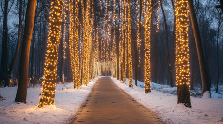 A tranquil winter pathway illuminated by glowing lights strung along trees, creating a magical atmosphere amid a snowy landscape in the evening.の素材