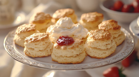 A delightful display of freshly baked biscuits arranged on a plate, topped with cream and jam, perfect for brunch or a sweet treat. Enjoy the warmth and comfort!の素材