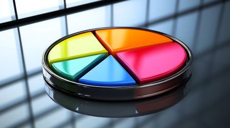 A vibrant pie chart displayed on a reflective surface, representing data analysis and business insights. Ideal for presentations and creative projects.の素材