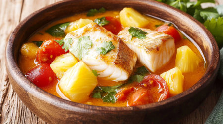 A delicious dish featuring fresh fish and tropical vegetables, presented in a rustic wooden bowl. Perfect for a healthy and vibrant meal option.の素材