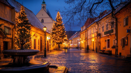 A tranquil street adorned with festive lights and Christmas trees during the winter evening, creating a cozy and magical holiday atmosphere.の素材