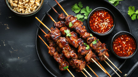 Juicy grilled skewers served with spicy sauce and fresh herbs, perfect for a delicious meal. Ideal for barbecue gatherings or gourmet dining experiences.の素材