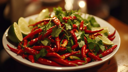 A vibrant plate of fresh red chilies garnished with lime and cilantro, perfect for adding spice and flavor to any dish or culinary creation.の素材