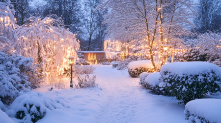 A serene winter scene featuring a snow-covered garden path adorned with glowing lights. The tranquil atmosphere captures the essence of a cozy evening in nature.の素材