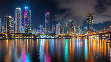 A stunning nighttime cityscape showcasing vibrant lights reflecting on calm water. This image captures the essence of urban nightlife with beautiful architecture.の素材
