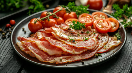 Appetizing sliced bacon served with fresh tomatoes and garnished with herbs. Perfect for meal preparation, brunch, or as a delightful snack.の素材