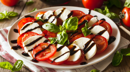 A vibrant and fresh salad featuring slices of tomato and mozzarella, garnished with basil and drizzled with balsamic. Perfect for a healthy appetizer.の素材