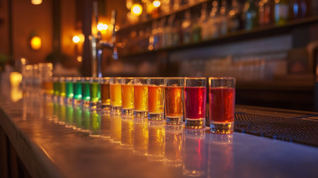 A vibrant array of colorful shots lined up on a bar counter, showcasing a lively nightlife atmosphere. Perfect for themes of celebration and social gatherings.の素材