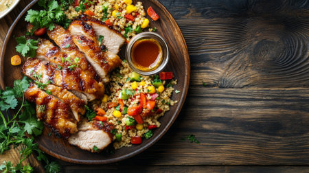A delicious plate featuring grilled chicken alongside vibrant quinoa salad and fresh vegetables, perfect for a healthy meal or dinner option.の素材