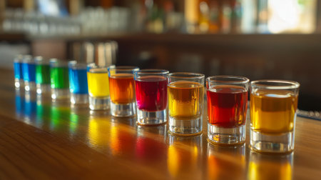 A vibrant lineup of colorful shot glasses sits on a polished bar counter, inviting a festive atmosphere perfect for celebrations and gatherings.の素材