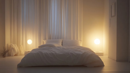 A tranquil minimalist bedroom featuring soft lighting and drapes. Perfect for relaxation, this cozy space highlights elegant decor and soothing colors.の素材