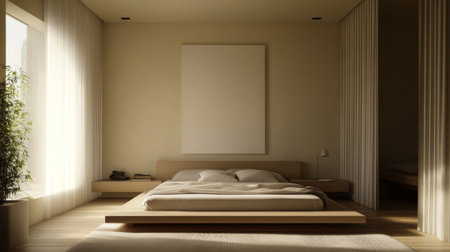 A serene minimalist bedroom featuring a simple bed on a wooden platform, soft neutral colors, and abundant natural light, creating a tranquil atmosphere.の素材