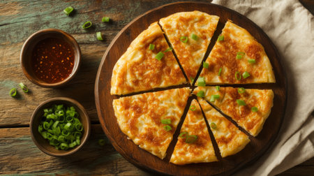 A golden savory pancake topped with fresh green onions, served on a wooden board. Accompanied by a spicy sauce, perfect for meals or snacks.の素材