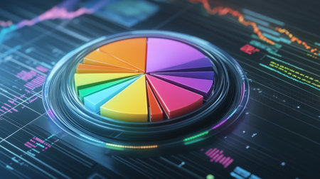 A colorful pie chart displayed on a digital background, showcasing data analysis and visual representation for business and financial presentations.の素材