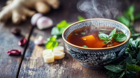 A steaming bowl of herbal tea with fresh mint and ginger showcases natural ingredients on a rustic wooden surface, evoking warmth and wellness.の素材