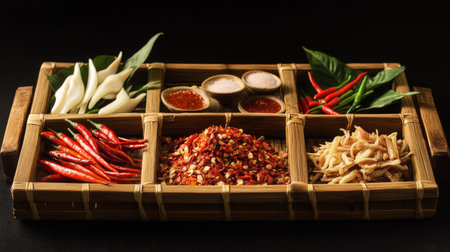 A vibrant display of spices and condiments arranged on a wooden tray, featuring fresh chilies, garlic, and herbs, perfect for culinary inspiration.の素材