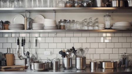 A beautifully organized modern kitchen featuring stainless cookware and utensils on shelves. Ideal for culinary enthusiasts seeking inspiration.の素材