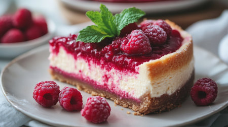 A tempting slice of raspberry cheesecake adorned with fresh raspberries and mint, perfect for dessert lovers seeking a delightful treat.の素材
