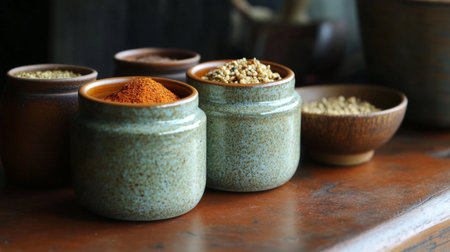 This captivating still life features colorful spice jars arranged elegantly on a rustic wooden table, highlighting the beauty of natural ingredients in cooking.の素材