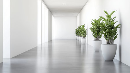 Bright and spacious hallway featuring lush green plants in stylish pots. The minimalist design creates a serene and inviting atmosphere for any setting.の素材