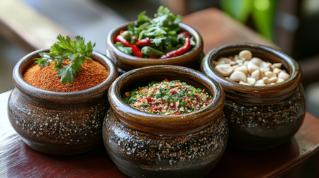 Explore the vibrant hues of various spices and herbs arranged in rustic bowls. Perfect for culinary themes, natural cooking, and gourmet presentations.の素材