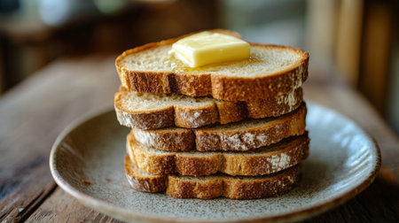 A stack of freshly toasted bread slices topped with a pat of butter on a rustic plate. Perfect for breakfast, snack, or simple comfort food.の素材