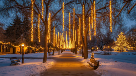 A picturesque winter pathway illuminated by hanging lights in a serene park setting, creating a magical atmosphere for joyful celebrations.の素材