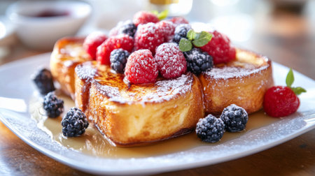 A mouth-watering plate of French toast topped with fresh berries, powdered sugar, and drizzled with syrup, perfect for a delightful breakfast or brunch.の素材