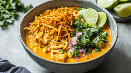 A vibrant curry noodle bowl featuring tender chicken, crispy toppings, fresh lime, and herbs, perfect for a comforting meal or food photography.の素材