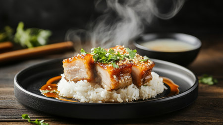 Indulge in a beautifully presented pork belly dish served on fluffy rice, garnished with herbs and sesame, evoking warmth and gourmet appeal.の素材