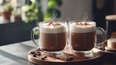 Two steaming cups of coffee topped with cream and chocolate sit on a wooden platter, creating a cozy and inviting atmosphere perfect for relaxation and enjoyment.の素材