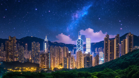 A stunning night cityscape showcasing a vibrant skyline illuminated by city lights, set against a starry sky and majestic mountains in the background.の素材