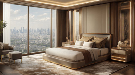 A luxurious modern bedroom featuring elegant decor and a stunning city view through large windows, creating a serene and inviting atmosphere for relaxation.の素材