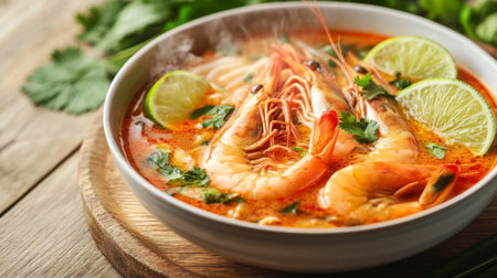A vibrant bowl of fresh shrimp garnished with lime and herbs, served in a flavorful broth. Perfect for seafood lovers and culinary enthusiasts.の素材