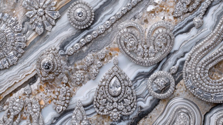This image showcases an array of elegant silver jewelry pieces arranged on a striped stone background, highlighting intricate designs and sparkling gemstones.の素材