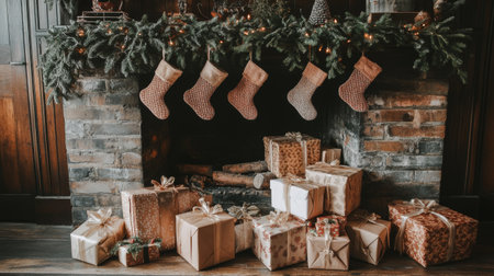A warm and inviting Christmas scene featuring a beautifully decorated fireplace, adorned with stockings and an array of wrapped gifts, perfect for holiday gatherings.の素材