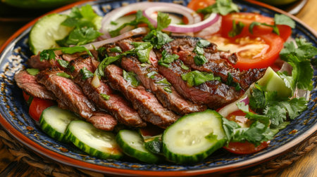 A beautifully presented plate of grilled steak, sliced and garnished with fresh vegetables like cucumber, tomato, and onion, topped with herbs. Perfect for any culinary setting.の素材