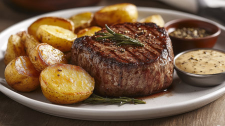 A beautifully plated grilled steak served with golden potatoes and a creamy sauce. Perfect for showcasing gourmet cuisine and hearty dining experiences.の素材