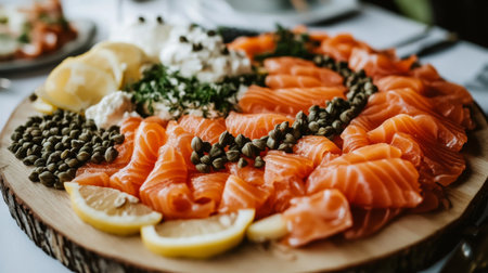 A vibrant spread of fresh salmon on a wooden platter, complemented by lemon slices and capers, perfect for appetizers or special occasions.の素材