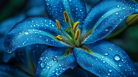 Stunning close-up of a blue lily flower adorned with raindrops, showcasing intricate petal details and vibrant colors, perfect for nature themes.の素材