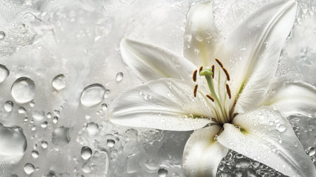 Captivating close-up of an elegant white lily adorned with water droplets, set against a soft gray background, symbolizing purity and beauty.の素材