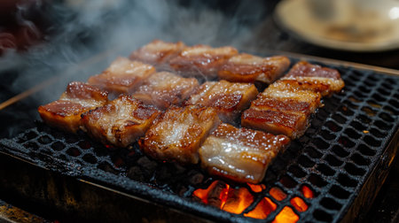 Sizzling grilled meat on a charcoal grill, creating a smoky aroma and inviting flavor. Perfect for outdoor gatherings or culinary events.の素材