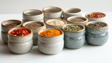 A vibrant array of assorted spices displayed in decorative containers on a clean white surface, perfect for culinary inspiration and recipes.の素材