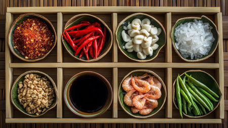 Arrange fresh ingredients including spices, shrimp, and greens in a bamboo tray, perfect for an Asian culinary masterpiece or vibrant meal preparation.の素材