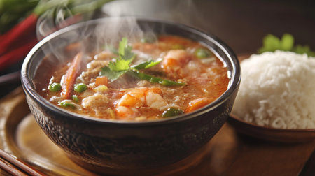 A steaming bowl of delicious Thai soup featuring shrimp and vegetables, served with a side of fluffy rice. Perfect for any meal or cozy occasion.の素材