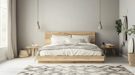 Beautiful modern bedroom featuring a minimalist design with natural elements. Soft neutral tones, wooden furniture, and cozy bedding create a serene atmosphere.の素材
