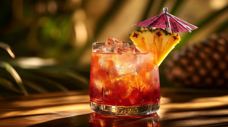A refreshing tropical cocktail garnished with a colorful umbrella and pineapple slice, perfect for summer gatherings or relaxing evenings.の素材