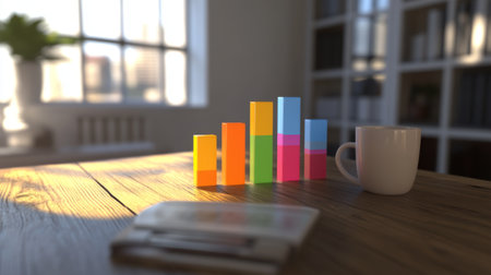 A vibrant bar graph in a bright office setting alongside a coffee cup on a wooden table, symbolizing growth and data analysis in business environments.の素材