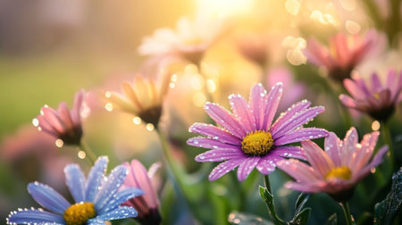 A vibrant flower garden featuring colorful blooms adorned with dew drops, beautifully illuminated by the soft morning sunlight, creating a serene and fresh atmosphere.の素材