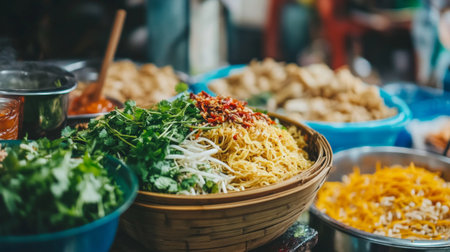 A vibrant display of colorful noodles topped with fresh herbs and spices highlights the richness of Asian cuisine in a lively market setting.の素材
